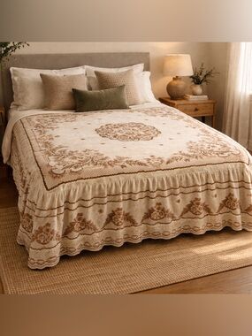 Vintage Floral Bedspread – Neutral Brown Cream Throw / Queen Layered Textile